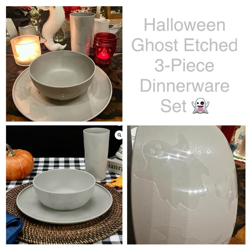 👻New Halloween Ghost Etched 3-Piece Dinnerware Set Plate Bowl Tumbler - Gray